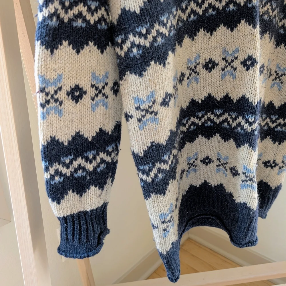 Vintage Fair Isle Abstract Chunky Collared Wool Blend Henley Sweater In Blue - Picture 4 of 6